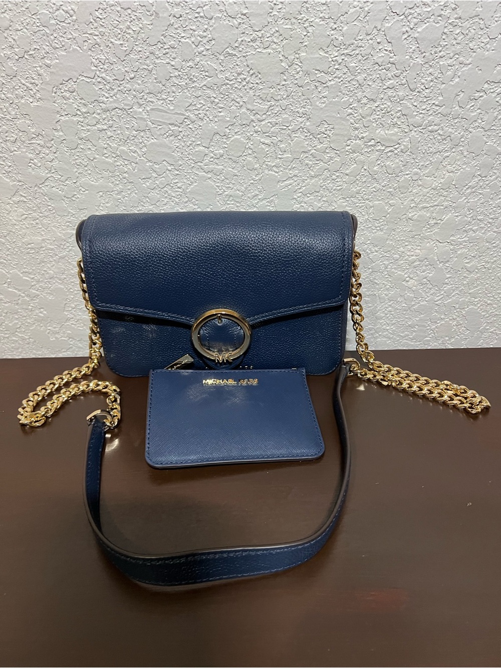 Michael Kors Navy Leather Crossbody with Gold Chain Ring Detail